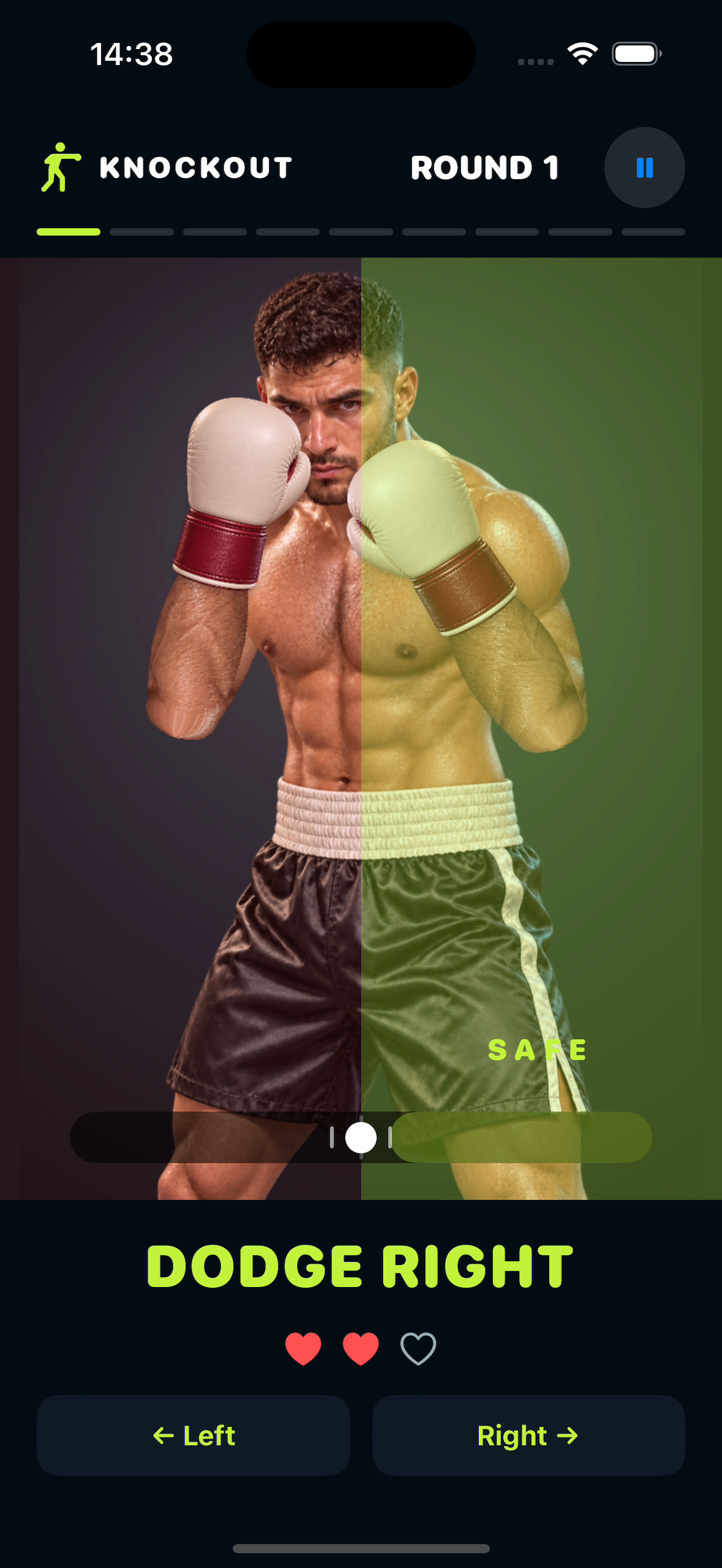 Knockout game showing a boxer and a green safe side